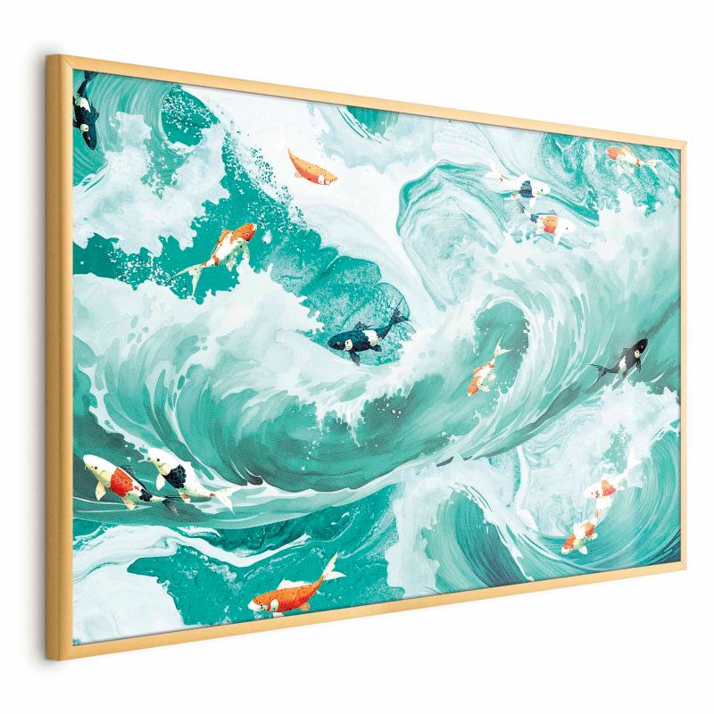 Plakat Artgeist Ryby i fale 90x60 cm z ramą złotą 1 szt