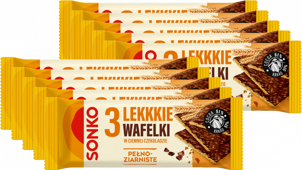 11x Lekkie wafelki Sonko, pełnoziarniste w ciemnej czekoladzie, 3 sztuki, 36g