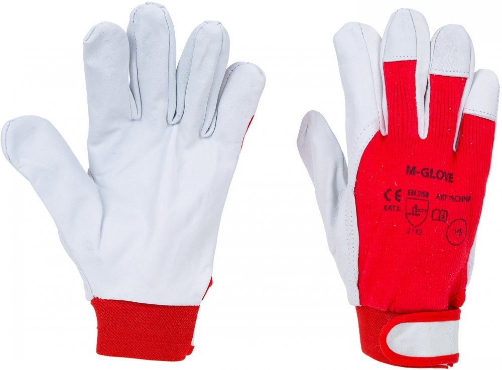 Rękawice robocze M-Glove Technik, wzmacniane, rozmiar 9, biało-czerwony