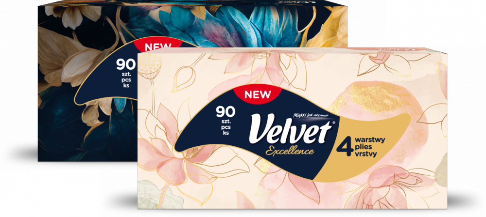 2x Chusteczki higieniczne Velvet Excellence, w kartoniku, 90 sztuk, mix wzorów