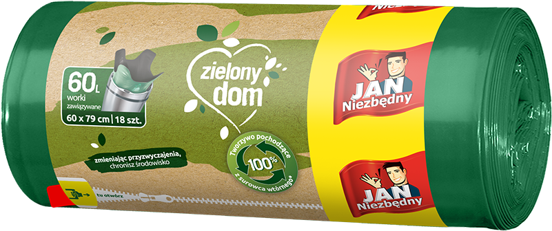 Worki na śmieci Jan Niezbędny Zielony Dom, na odpady zmieszane, ekologiczne, 60l, 18 sztuk, zielony