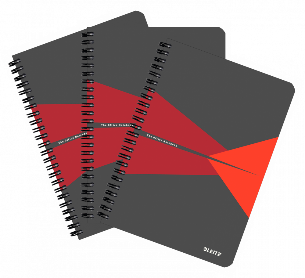 3x Kołonotatnik Leitz Office Card A5, w kratkę, 90 kartek, okładka kartonowa, szaro-czerwony