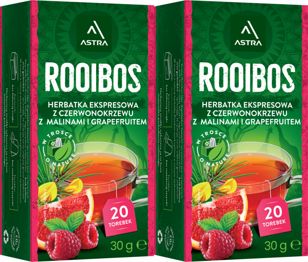 2x Herbata Rooibos w torebkach Astra, malina i grapefruit, 20 sztuk x 1.5g
