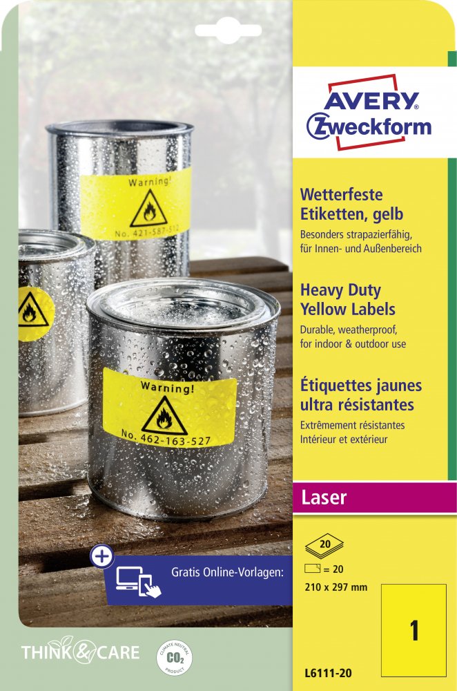 Etykiety specjalistyczne Avery Zweckform Heavy Duty, A4, 210x297mm, 20 arkuszy, żółty