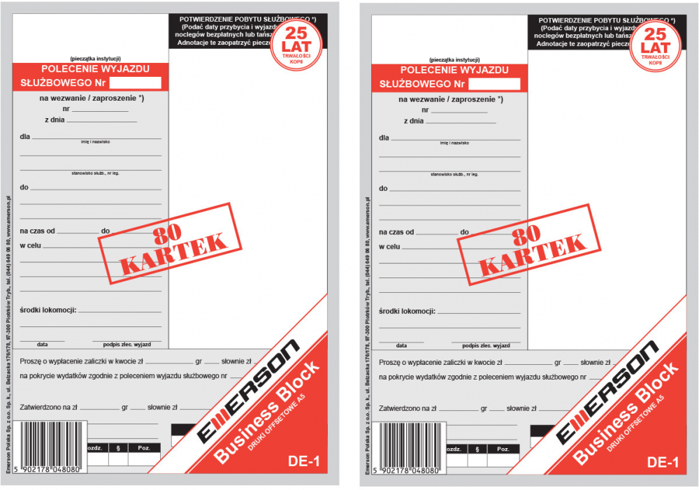 2x Druk akcydensowy Delegacja-polecenie wyjazdu służbowego Emerson DE-1, A5, offsetowy, 80k
