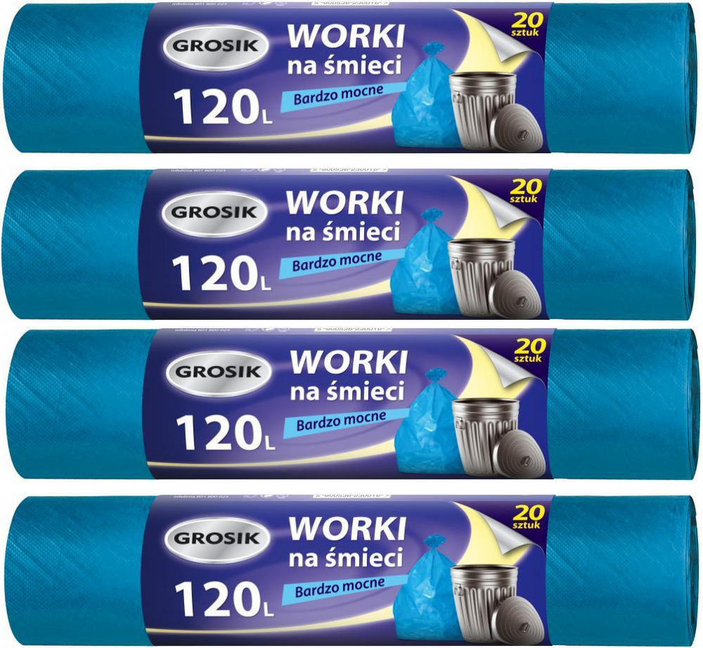4x Worki na śmieci Grosik, na odpady zmieszane, 120l, 20 sztuk, niebieski