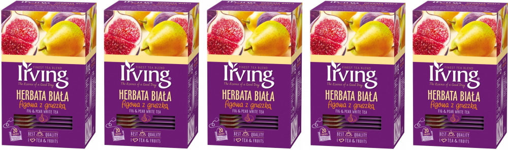 5x herbata biała smakowa w kopertach Irving, figowa z gruszką, 20 sztuk x 1.5g