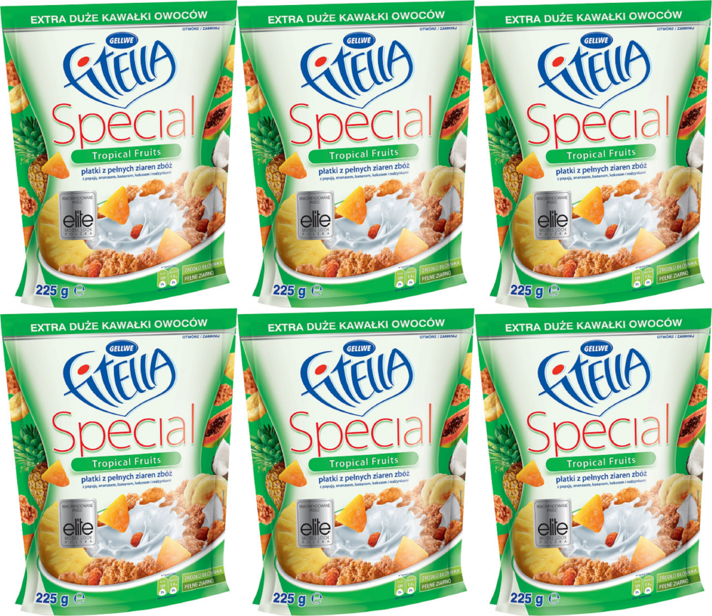 6x Płatki śniadaniowe Fitella Special, owoce tropikalne, 225g