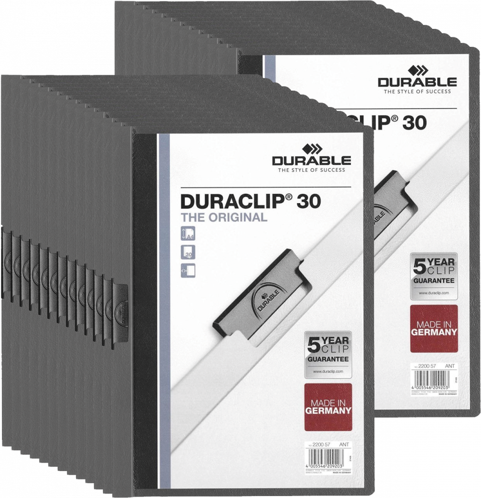 25x Skoroszyt plastikowy z klipsem Durable Duraclip, A4, do 30 kartek, grafitowy
