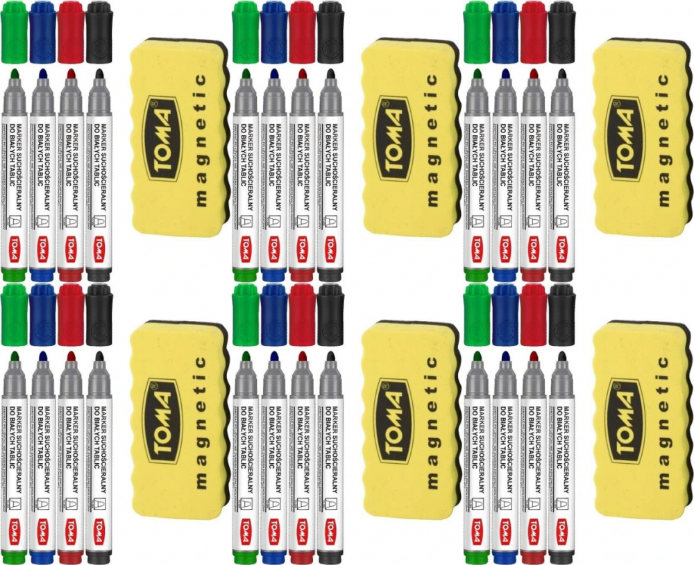 6x Marker suchościeralny Toma, okrągła, 2mm, 4 sztuki, mix kolorów + gąbka magnetyczna