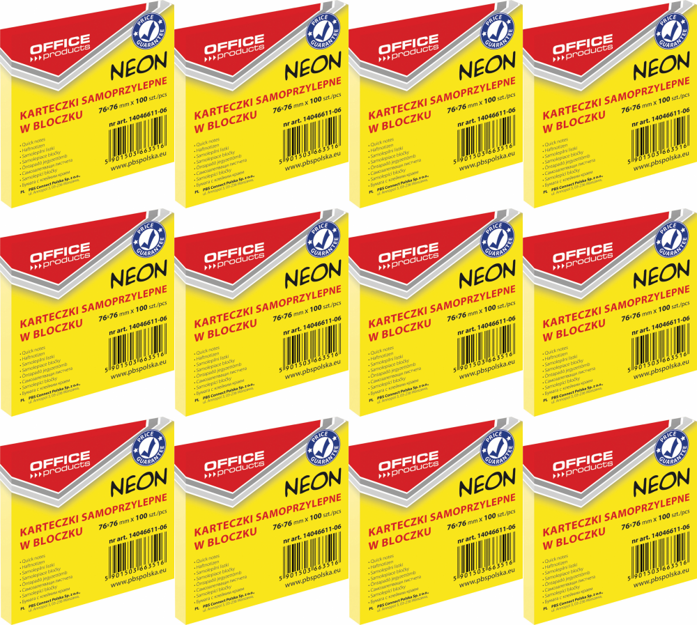 12x Karteczki samoprzylepne Office Products, 76x76mm, 100 karteczek, neonowy żółty