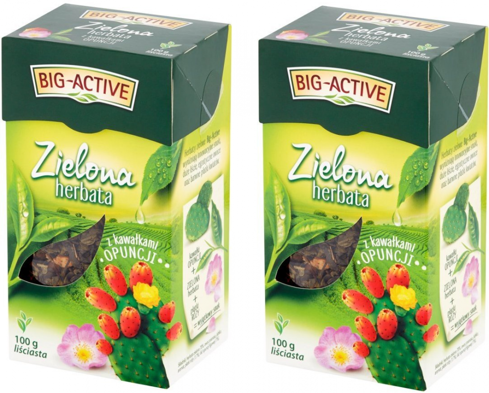 2x herbata zielona smakowa liściasta Big-Active, z kawałkami opuncji, 100g