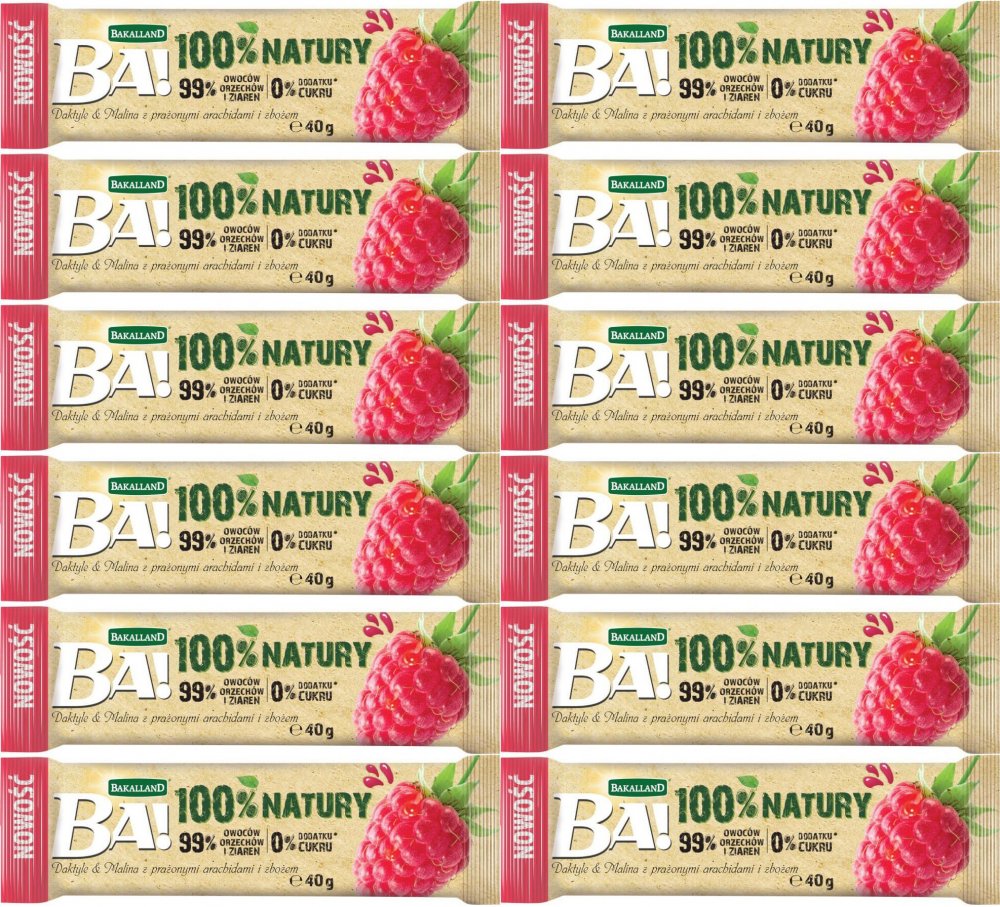 12x Baton owocowy Bakalland BA!, daktyl i malina, bez cukru, 40g