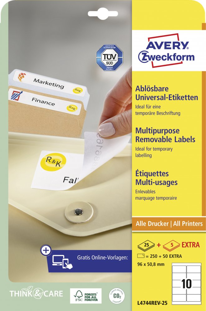 Etykiety samoprzylepne usuwalne Avery Zweckform, 96x50.8mm, 25 arkuszy + 5 gratis, biały