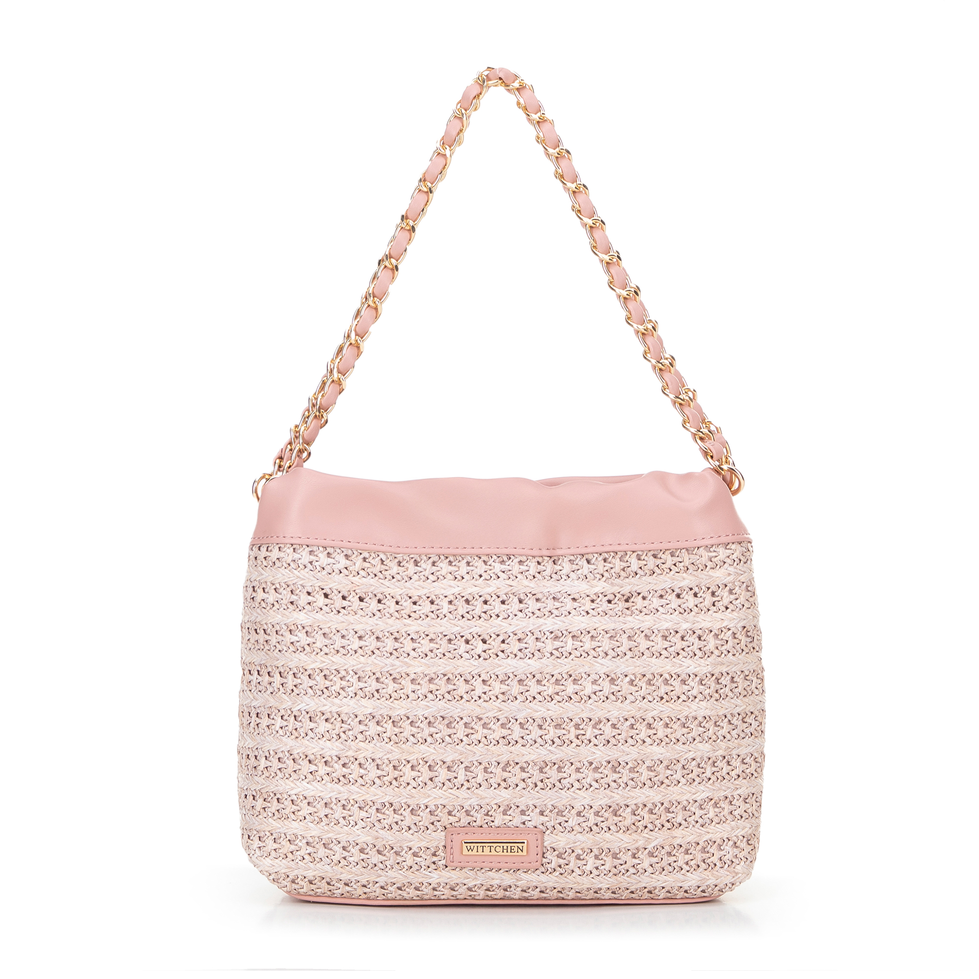Pleciona torebka crossbody z łańcuszkami różowa