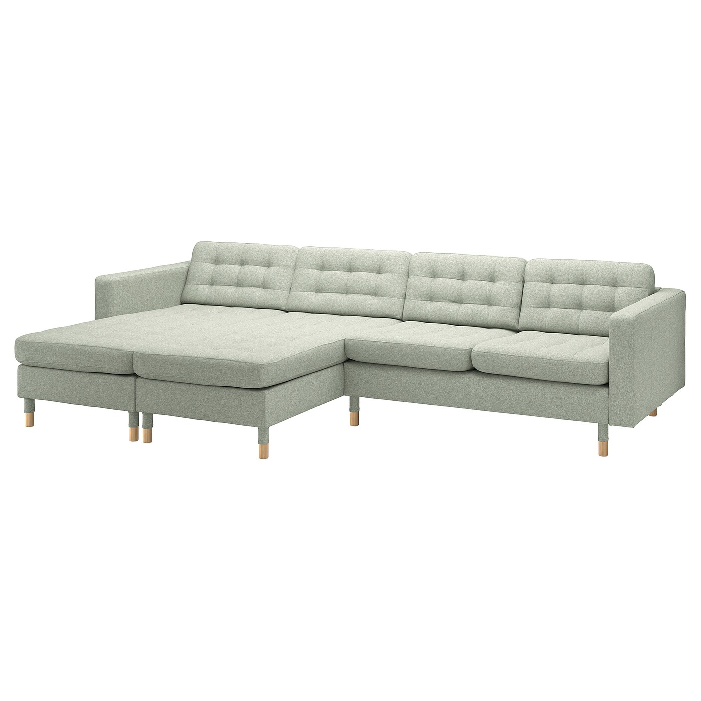 IKEA LANDSKRONA sofa 4 osobowa z szezlongiem, Gunnared jasnozielony/drewno, Szerokość: 320 cm