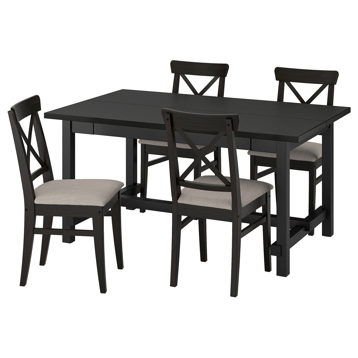 IKEA NORDVIKEN / INGOLF stół i 4 krzesła, czarny/Nolhaga szarobeżowy brązowoczarny, 152/223 cm