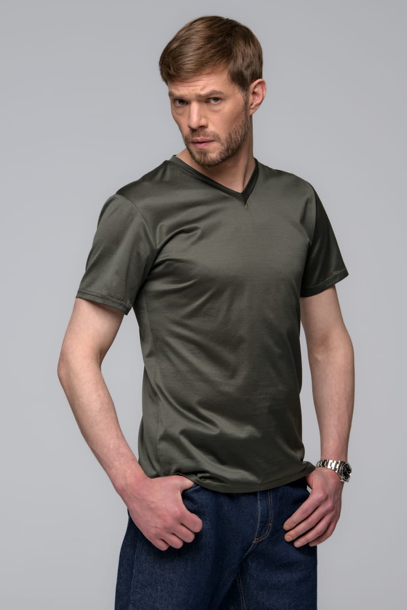 T-shirt Zack z dekoltem w serek, bawełniany, zielony