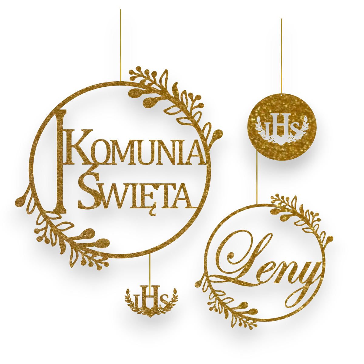 Baner na Komunię Świętą z imieniem koła, obręcze dekoracja ścianka Tablica komunijna drewniana złota zestaw