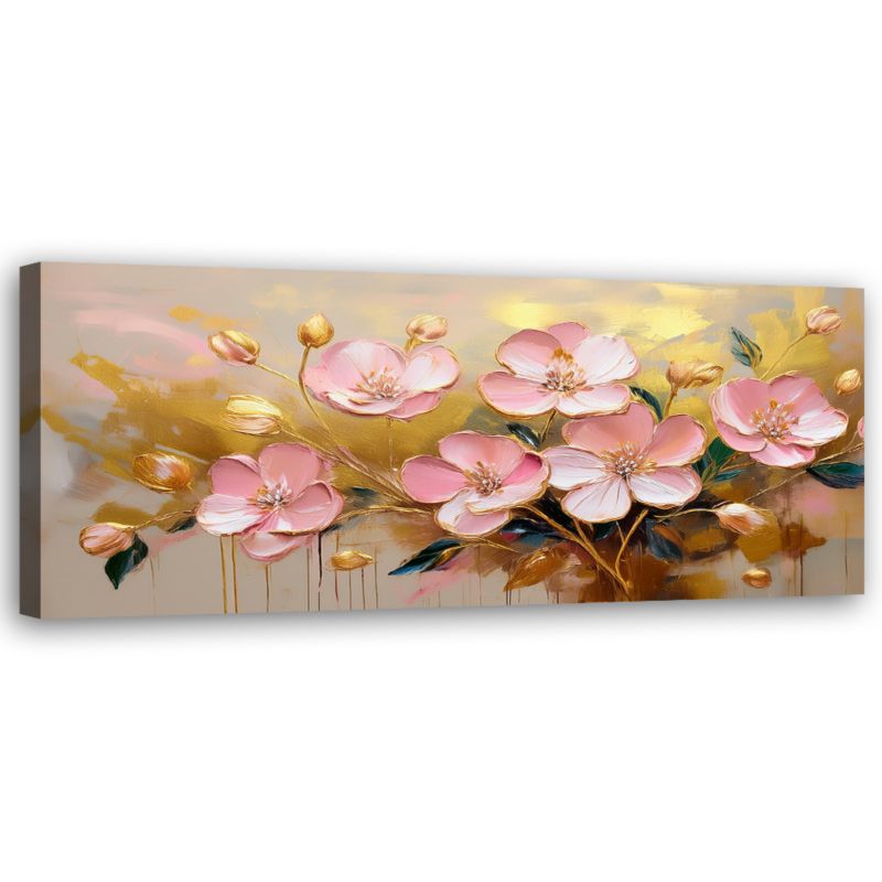 Obraz do salonu sypialni Feeby Kwiaty Różowe Rośliny Złoty 150x50 cm 1 szt