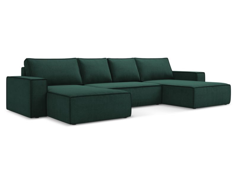 Sofa panoramiczna z funkcją spania Makamii Kimo z tkaniny strukturalnej 398x185 cm butelkowa zieleń 1 szt.