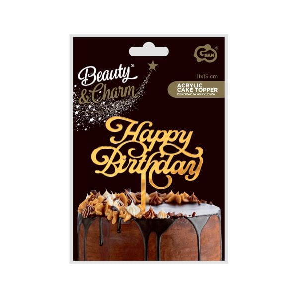 Dekoracja akrylowa na tort Happy Birthday, złota, 11x15 cm