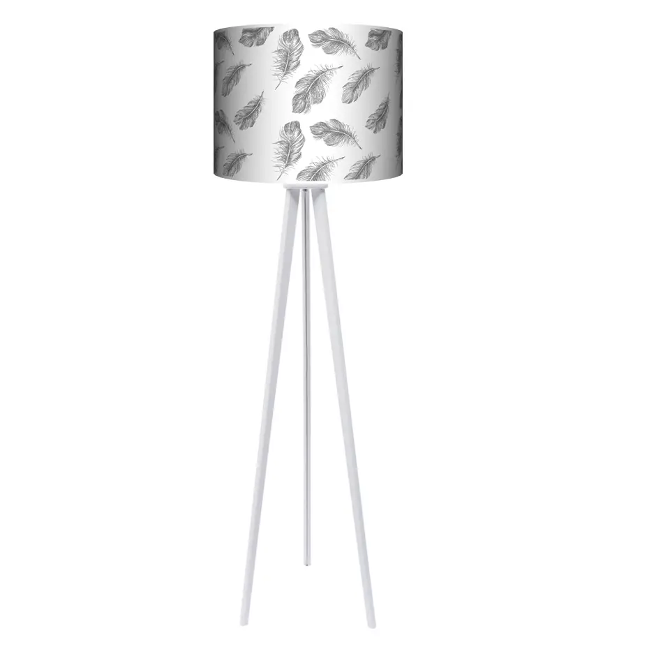 Lampa podłogowa - trójnóg drewniana duża -Boho szare piórka- kolor podstawy do wyboru FL - buk