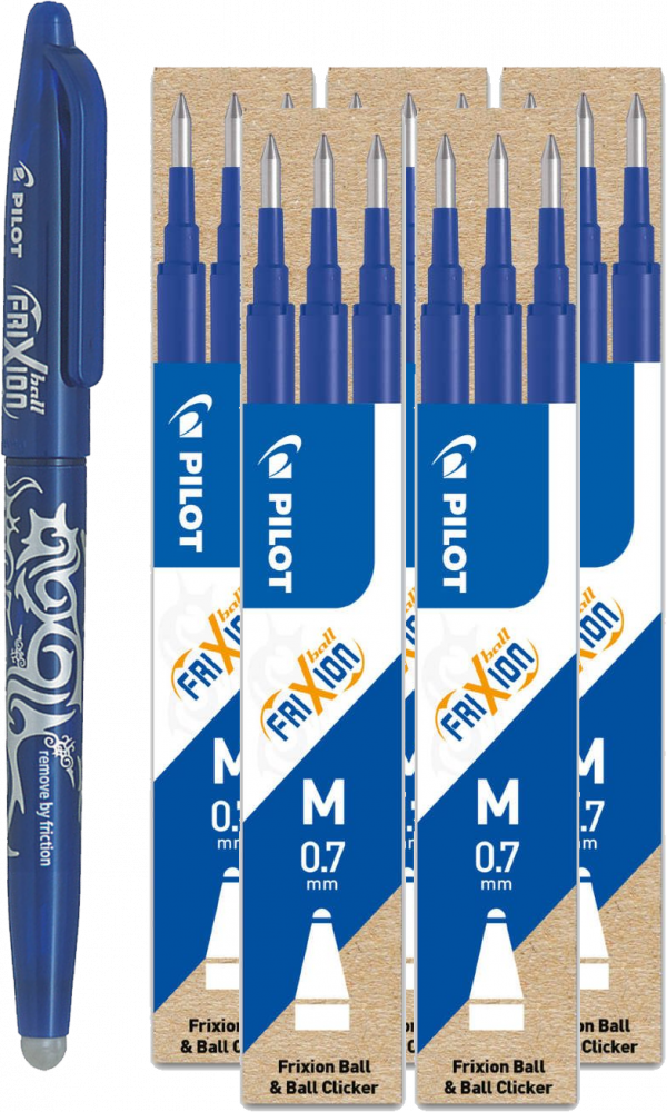 Zestaw: Pióro kulkowe wymazywalne Pilot Frixion Ball, 0.7mm, niebieski + 5x Wkład do wymazywalnego pióra kulkowego Pilot, Frixion, 0.7mm, 3 sztuki, 