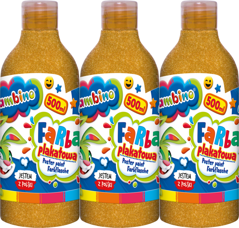 3x Farba plakatowa Bambino Zwierzaki Uczniaki, w butelce, 500ml, złoty