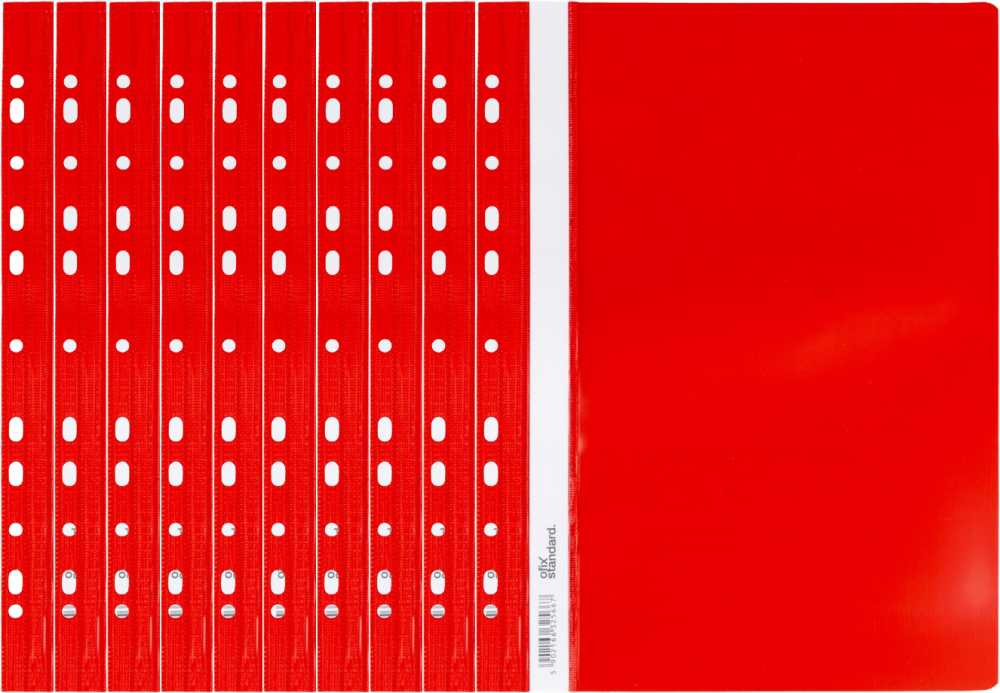 10x skoroszyt plastikowy oczkowy Ofix Standard, twardy, A4, PVC, do 200 kartek, czerwony