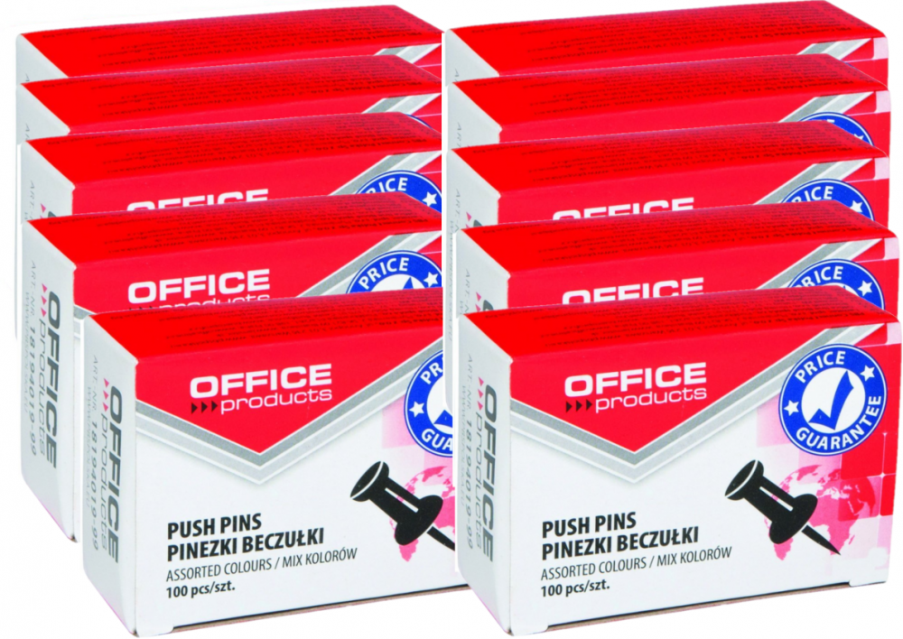 10x pinezki beczułki Office Products, 100 sztuk, mix kolorów