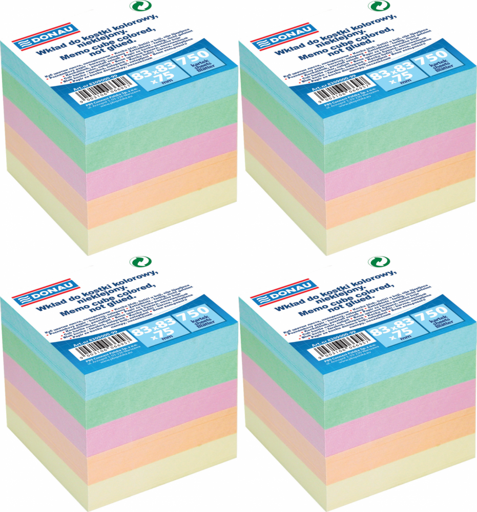 4x Karteczki do notatek Donau, nieklejone, 83x83x75mm, 750 kartek, mix kolorów