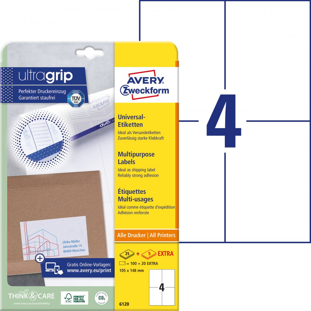 Etykiety samoprzylepne Avery Zweckform, 105x148 mm, 25 arkuszy + 5 gratis, biały