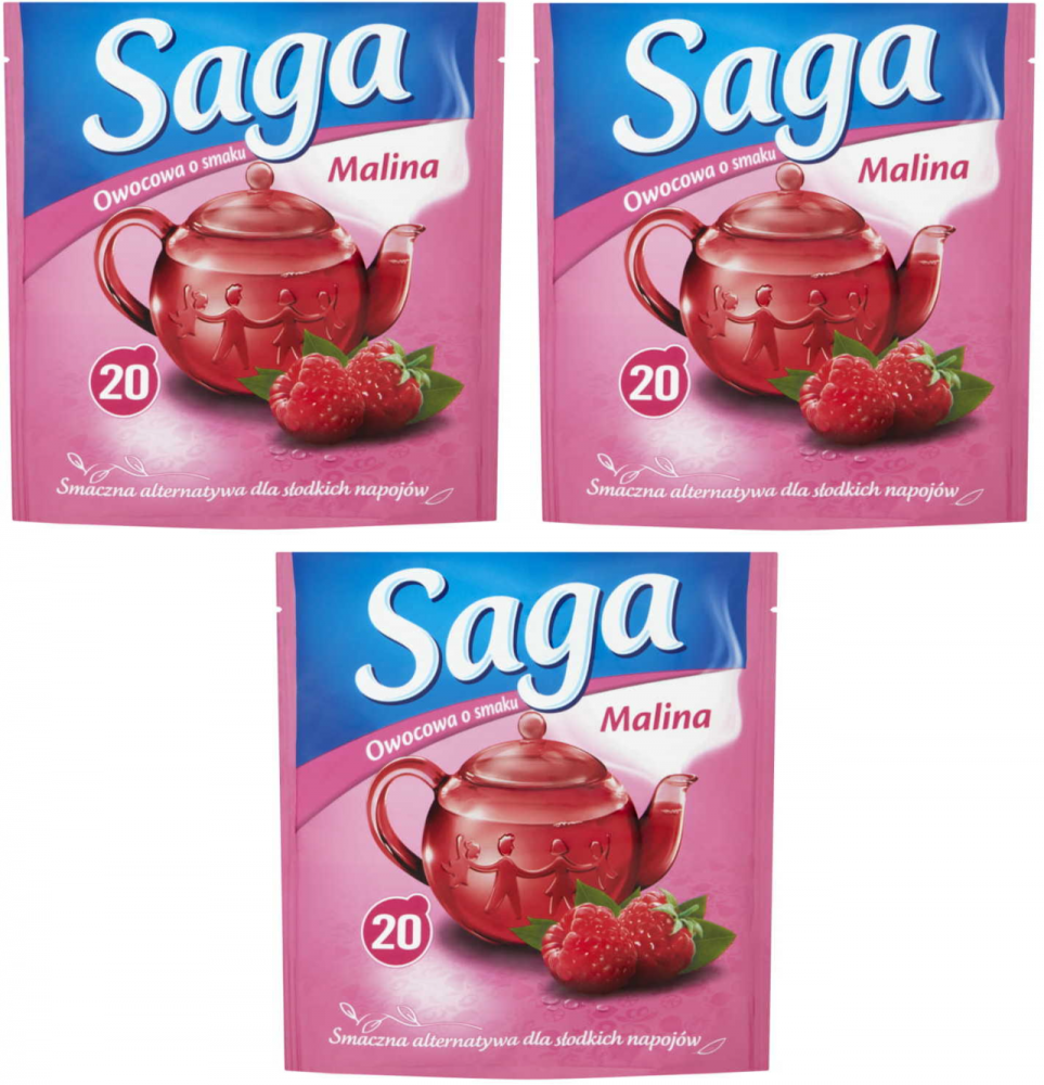 3x Herbata owocowa w torebkach Saga, malina, 20 sztuk x 1.7g
