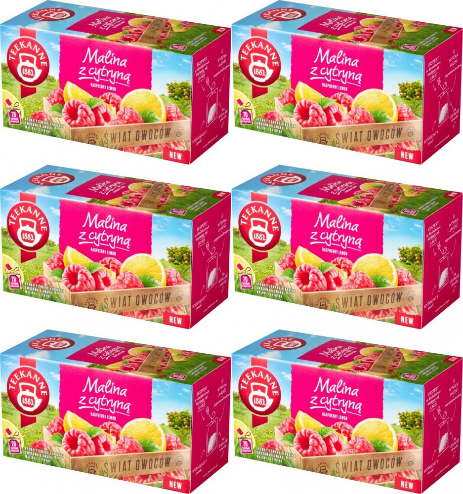 6x Herbata owocowa w kopertach Teekanne, malina z cytryną, 20 sztuk x 2.25g