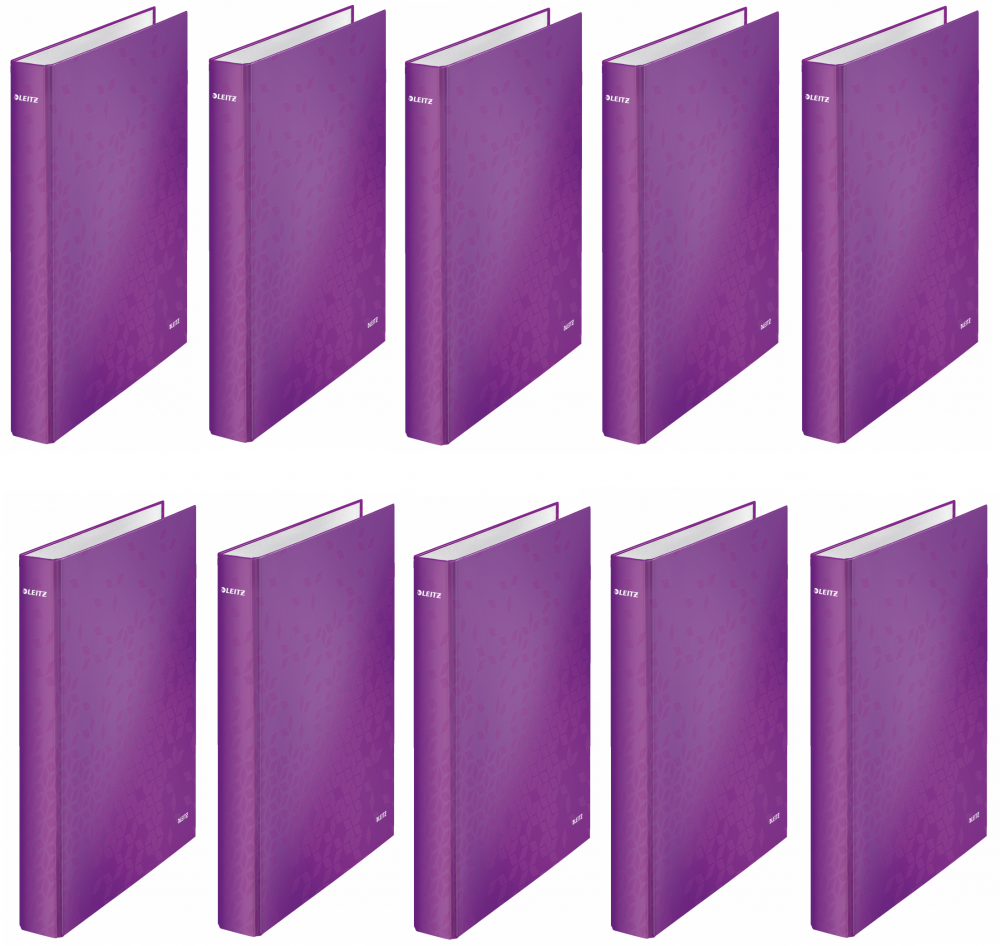 10x Segregator Leitz Wow, A4, szerokość grzbietu 40mm, do 250 kartek, 2 ringi, fioletowy