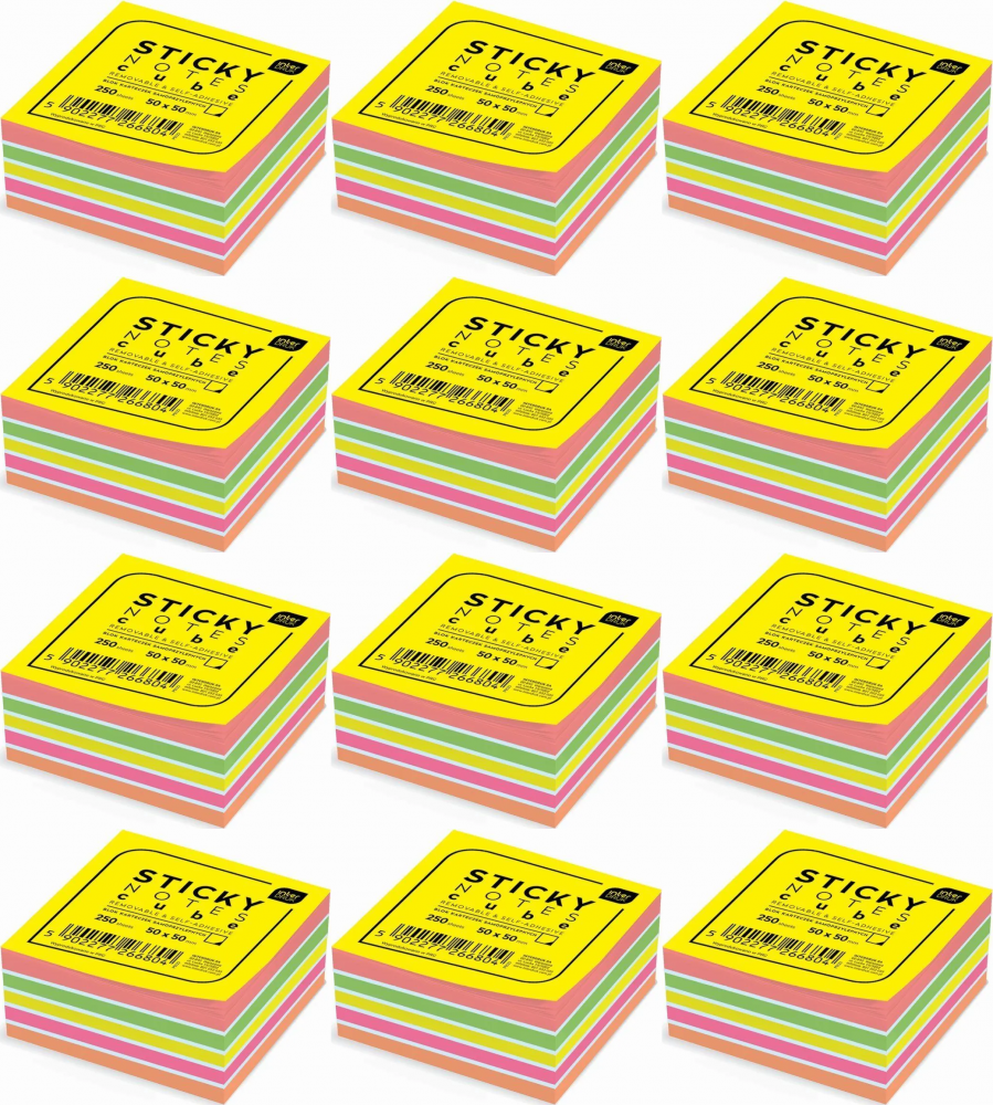 12x Karteczki samoprzylepne Interdruk, 50x50mm, 250 karteczek, mix kolorów neonowych