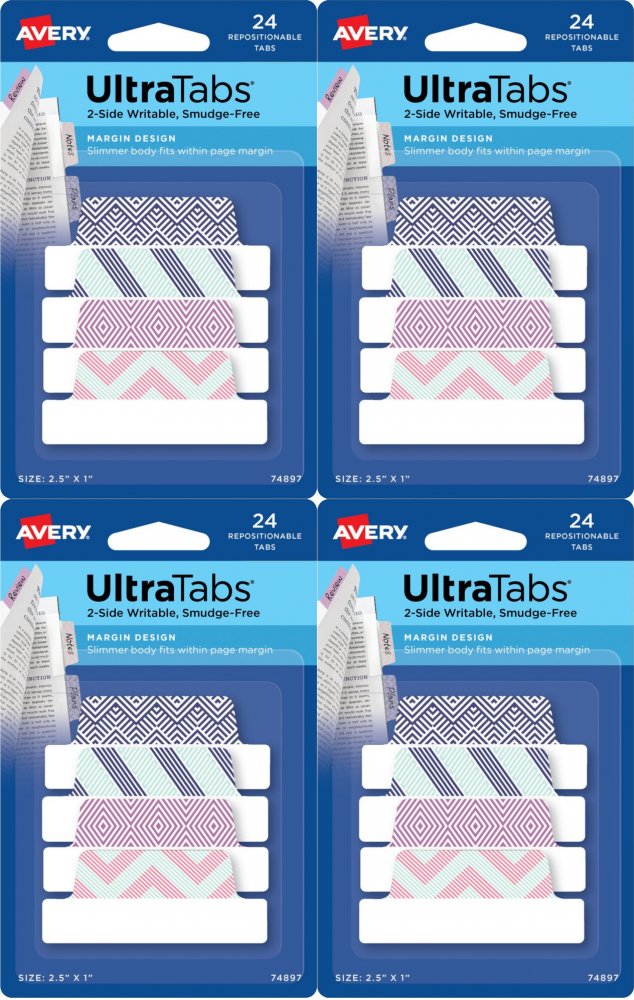 4x Zakładki samoprzylepne Avery Zweckform Ultra Tabs 74897, indeksujące ze wzorkami, folia, 65.5x25.4mm, 24 sztuki, mix kolorów