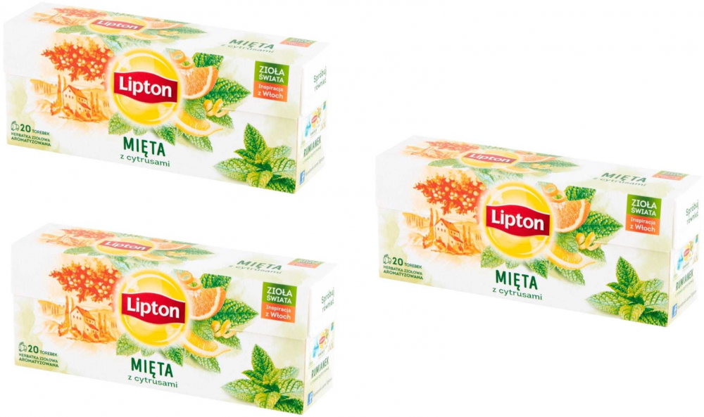 3x Herbata ziołowa w torebkach Lipton, mięta z cytrusami, 20 sztuk x 1.3g