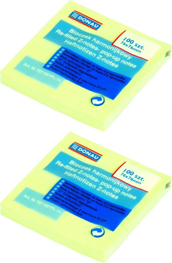 2x Karteczki samoprzylepne typu "Z" Donau, 76x76mm, 100 karteczek, żółty pastelowy