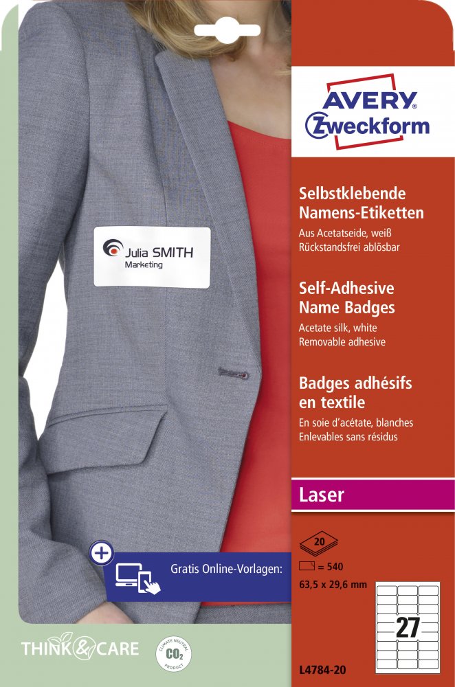 Identyfikator samoprzylepny Avery Zweckform, 63.5x29.6mm, sztuczny jedwab, 20 arkuszy, biały