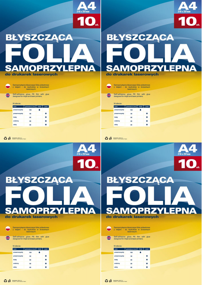 4x Folia samoprzylepna Argo, do drukarek laserowych, A4, 10 arkuszy, przezroczysty