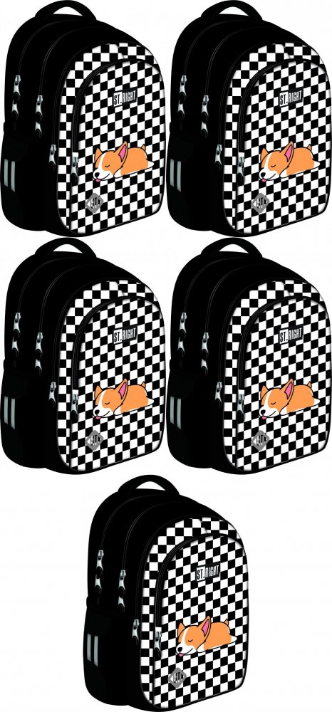 5x Plecak szkolny St.Right BP58, czterokomorowy, 22l, 40x28x18cm, Sleepy Corgi