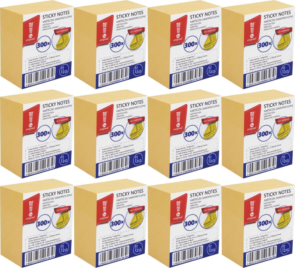 12x Karteczki samoprzylepne MemoBe, 40x50mm, 300 karteczek, żółty