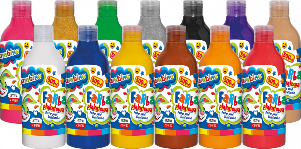Zestaw 13x Farba plakatowa Bambino, w butelce, 500ml, mix