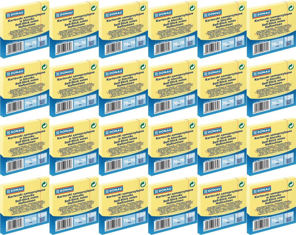 24x Karteczki samoprzylepne Donau, 76x76mm, 100 karteczek, jasnożółty