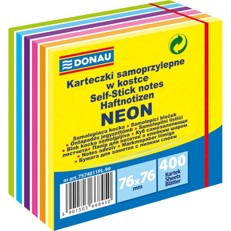 Karteczki samoprzylepne Donau, 76x76mm, 400 karteczek, mix kolorów neonowych