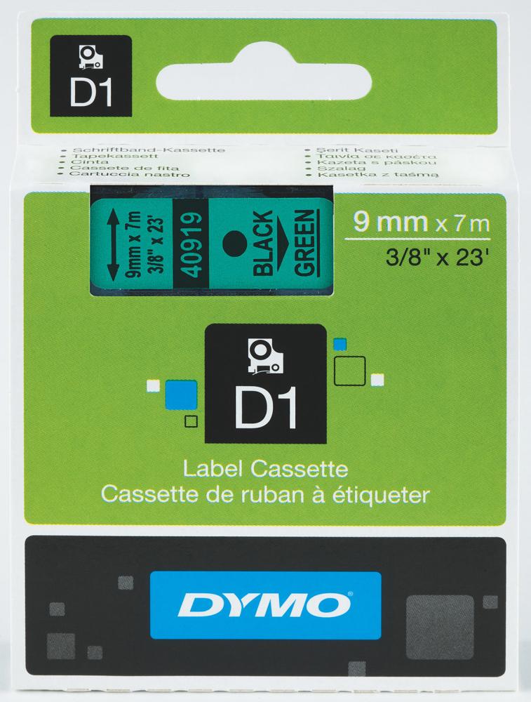 Taśma DYMO D1, 9mmx7m, nadruk czarny, taśma zielona
