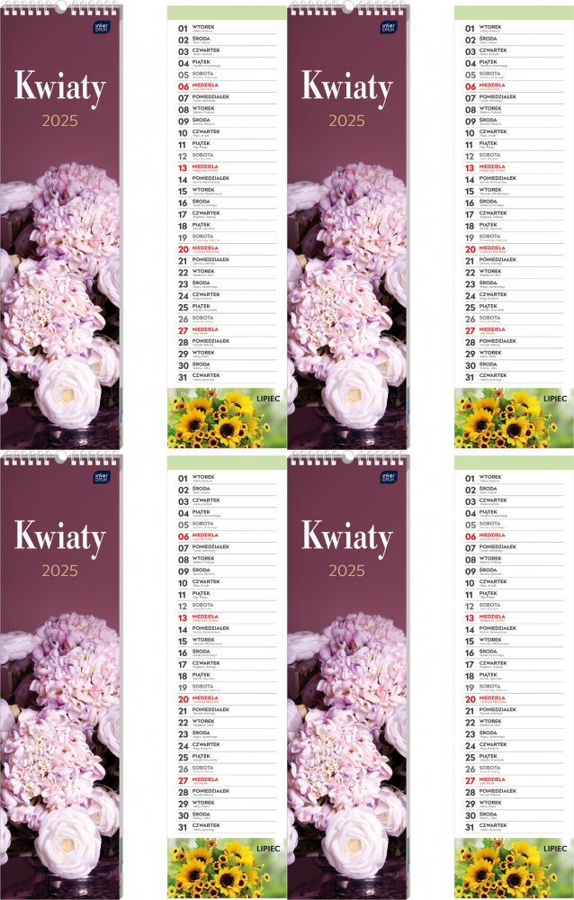 4x Kalendarz ścienny 2025, Interdruk, paskowy, 135x500mm, kwiaty