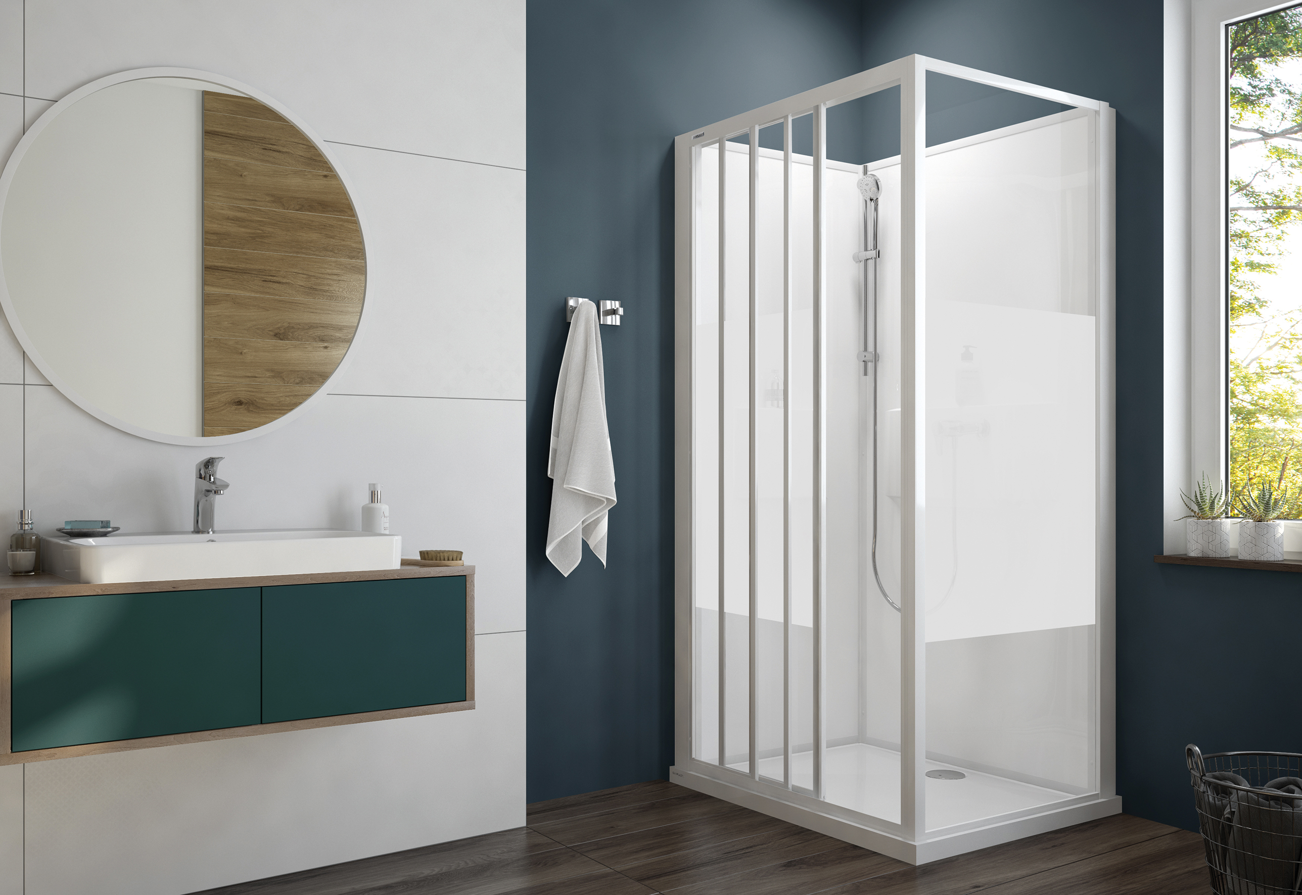 Sanplast Basic Complete Mineral kabina z brodzikiem i zestawem prysznicowym 90x120 cm prostokątna biały połysk/szkło ze wzorem ...